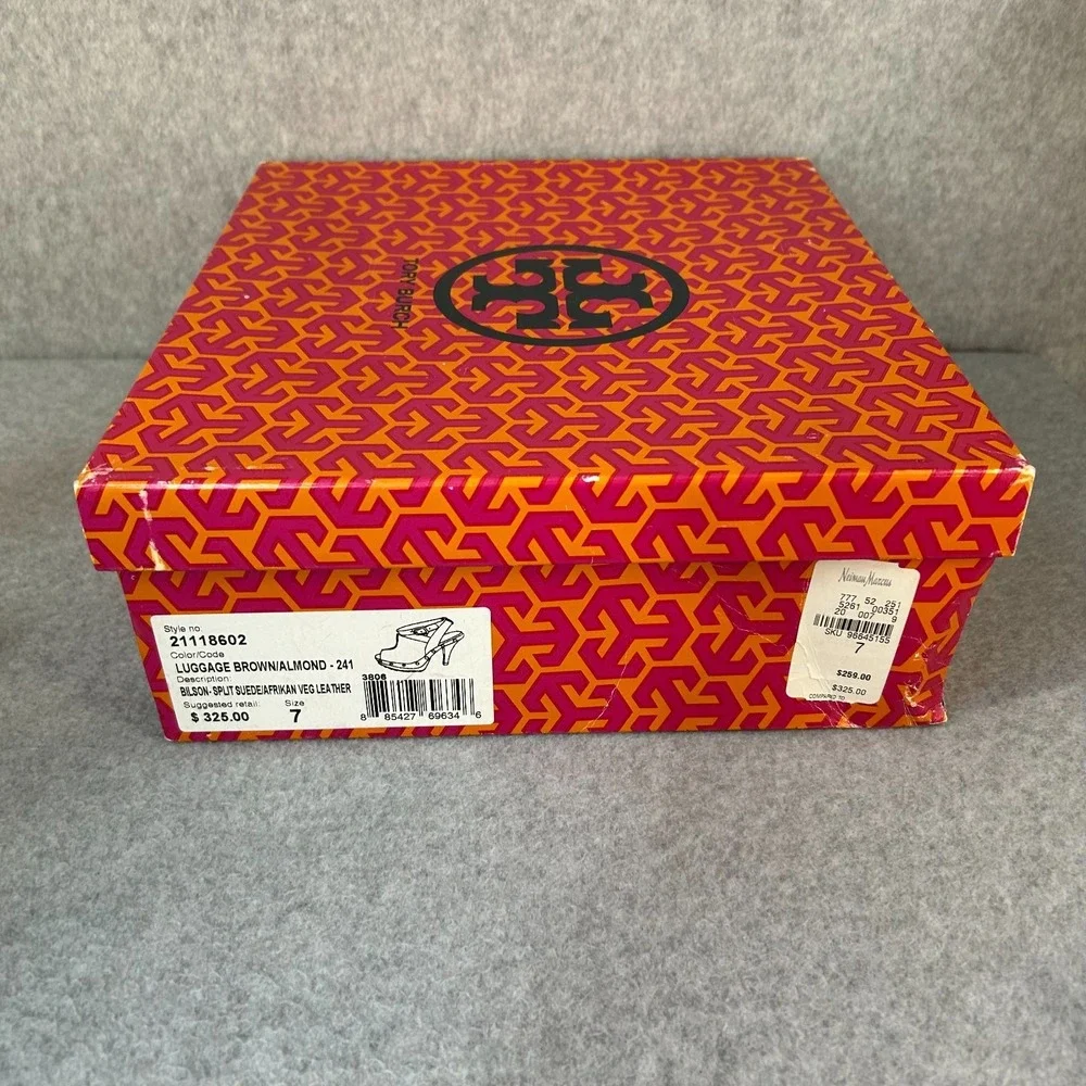 Tory Burch Bilson Heeled Clogs Shoes Brown Suede Leather Studded Womens Size 7